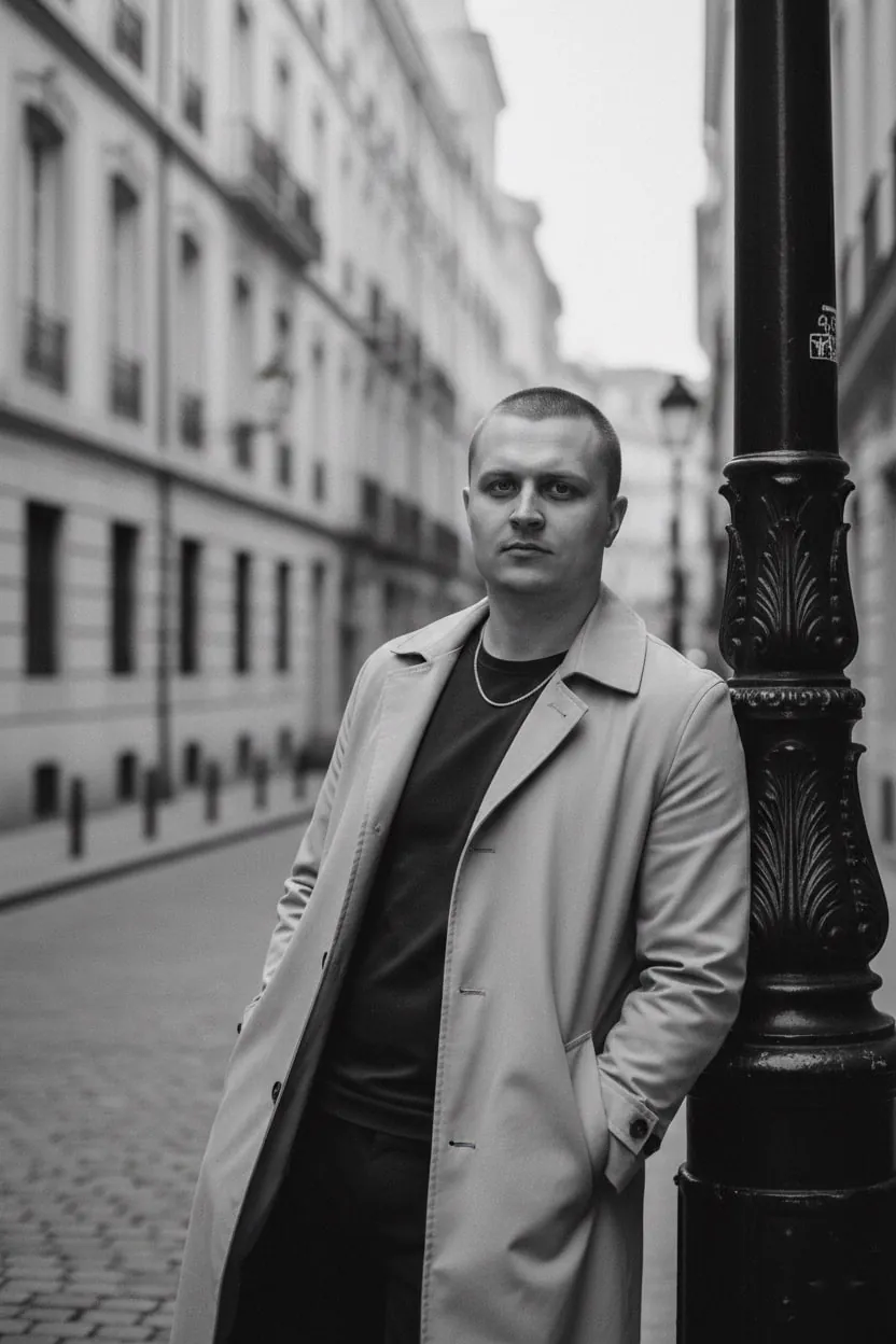 Мужчина в пальто на узкой европейской улице, ч/б фото