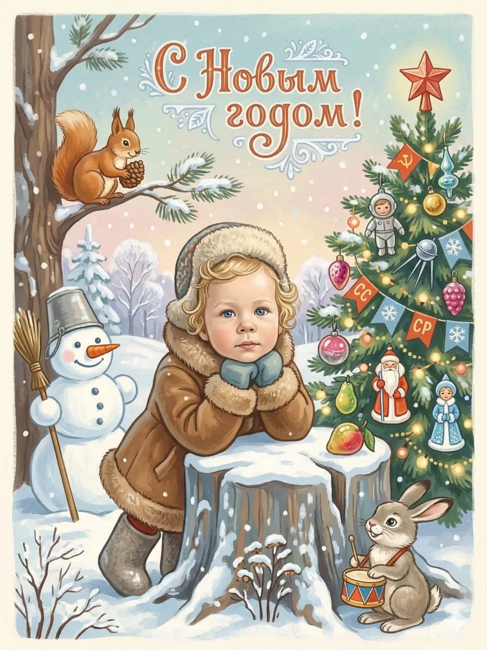 Детская новогодняя открытка в советском стиле: малыш у пенька под ёлкой
