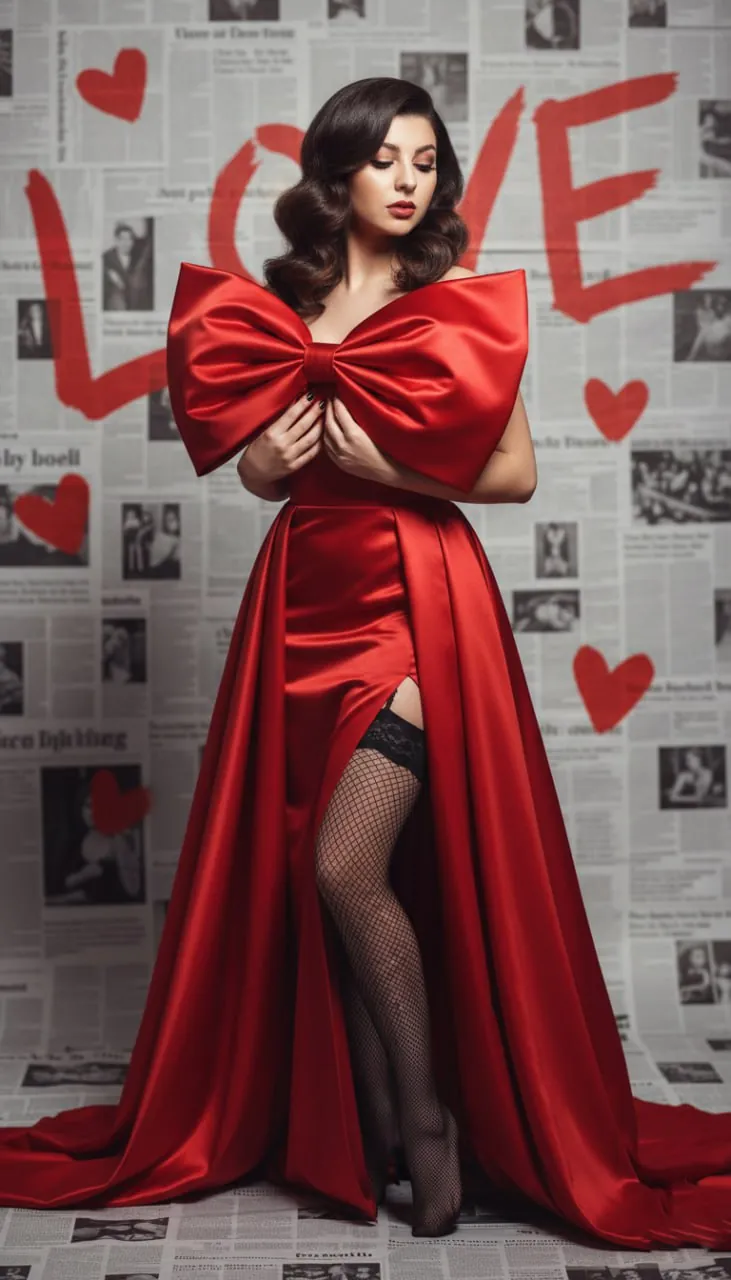 Девушка в красном атласном платье с бантом на фоне газет с надписью LOVE
