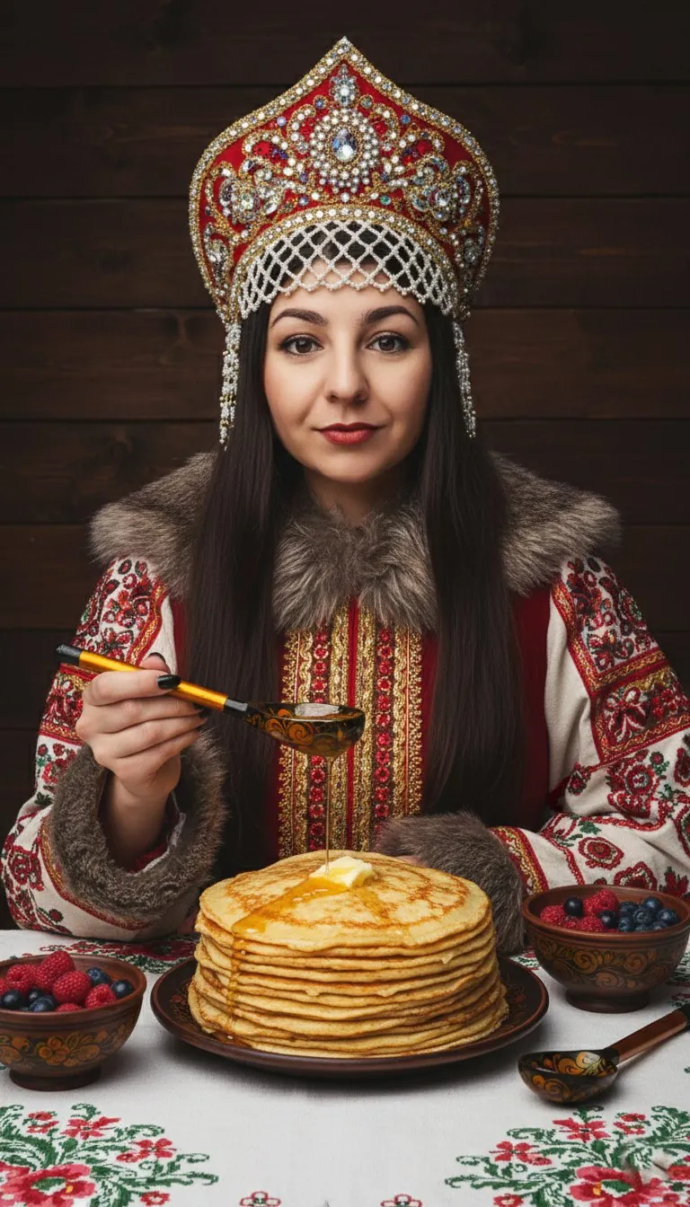 Девушка в кокошнике поливает мёдом стопку блинов