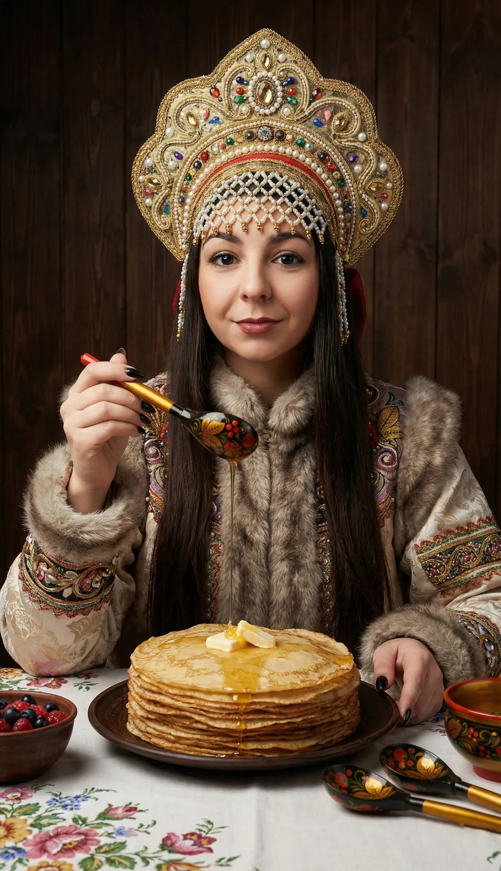 Девушка в русском наряде и кокошнике за столом с блинами