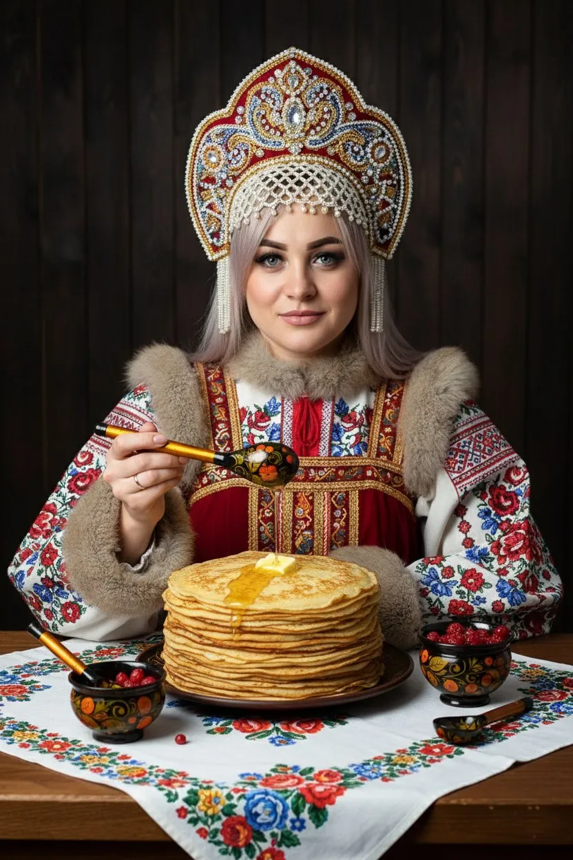 Девушка в кокошнике с деревянной ложкой и блинами