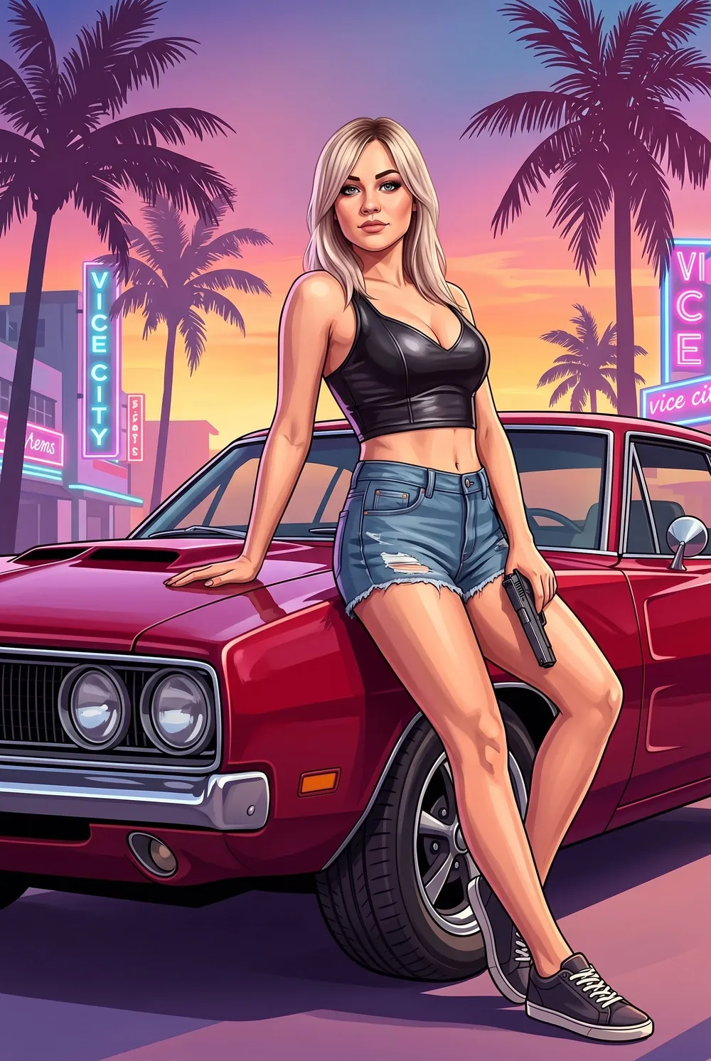 Иллюстрация в стиле GTA: девушка у красного масл-кара в Vice City