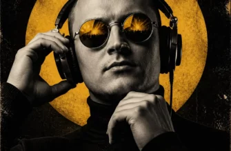 Мужчина в наушниках и золотых очках на фоне жёлтого круга