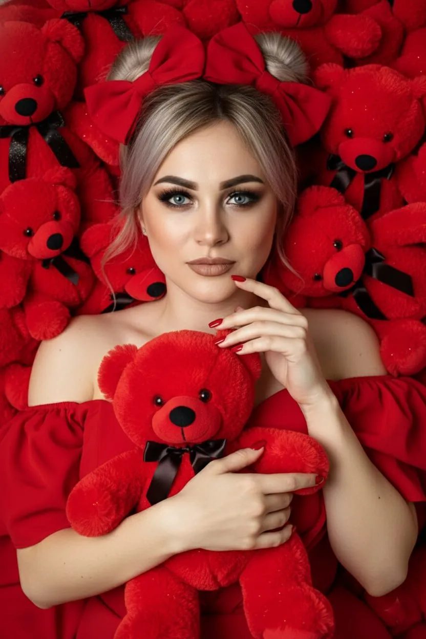 Девушка лежит среди красных мишек, фото на 14 февраля