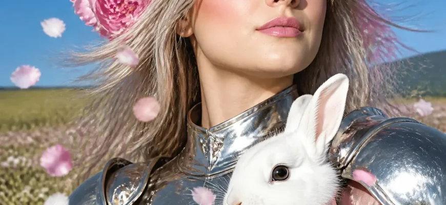 Девушка в венке из пионов и серебряных доспехах с белым кроликом
