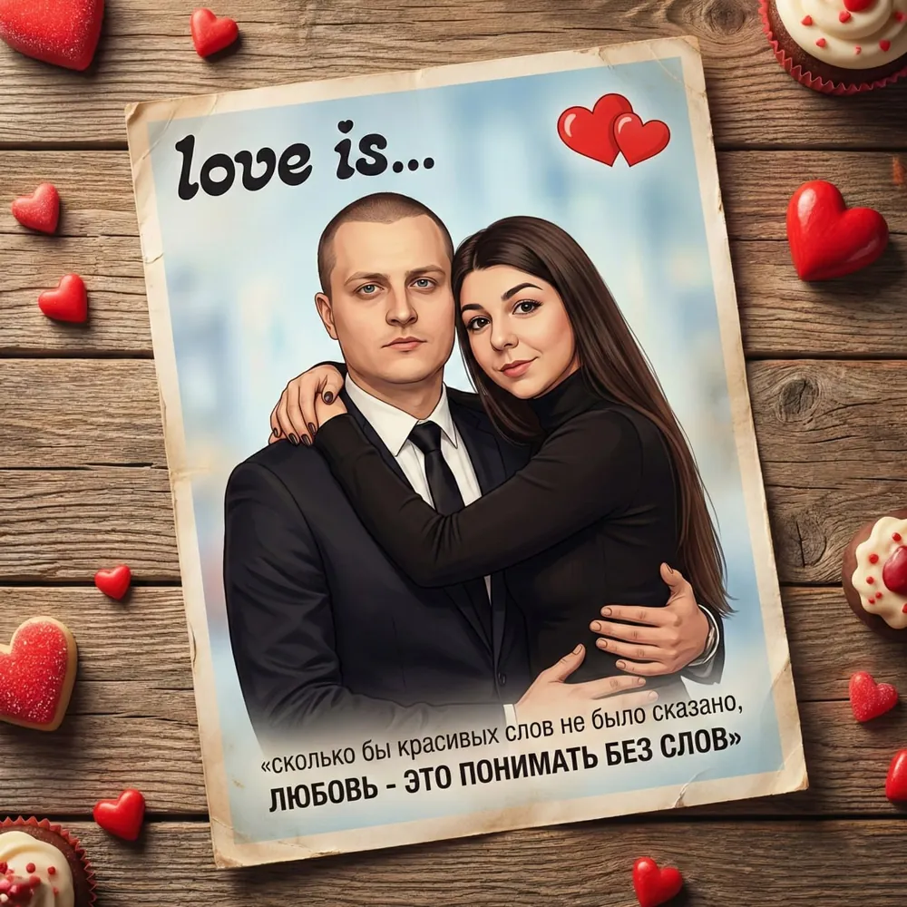 Вкладыш Love is с рисунком пары на деревянном столе