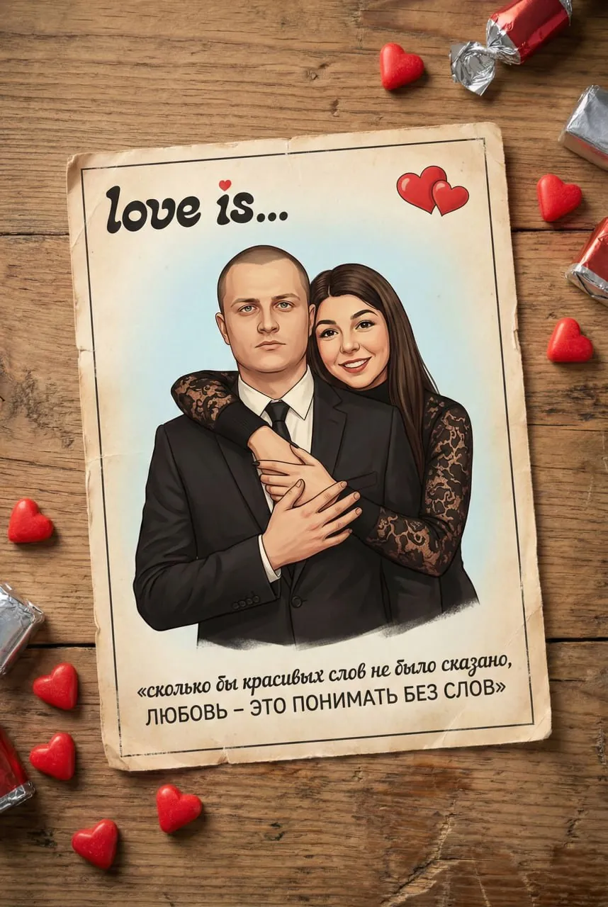 Пара на вкладыше от жвачки Love is в окружении сердечек