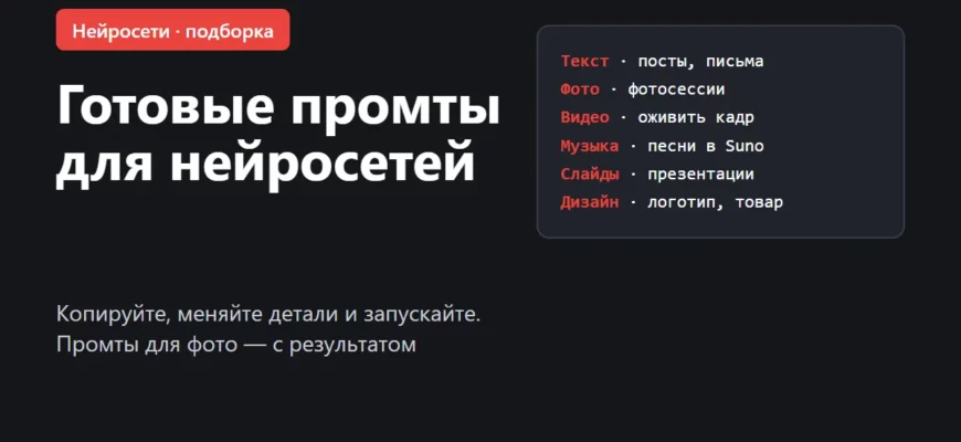 Обложка: готовые промты для нейросетей — текст, фото, видео, музыка