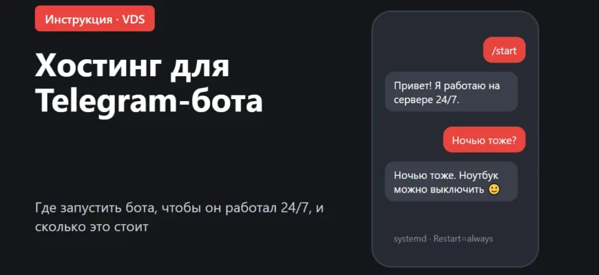 Обложка: хостинг для Telegram-бота, бот работает на сервере 24/7
