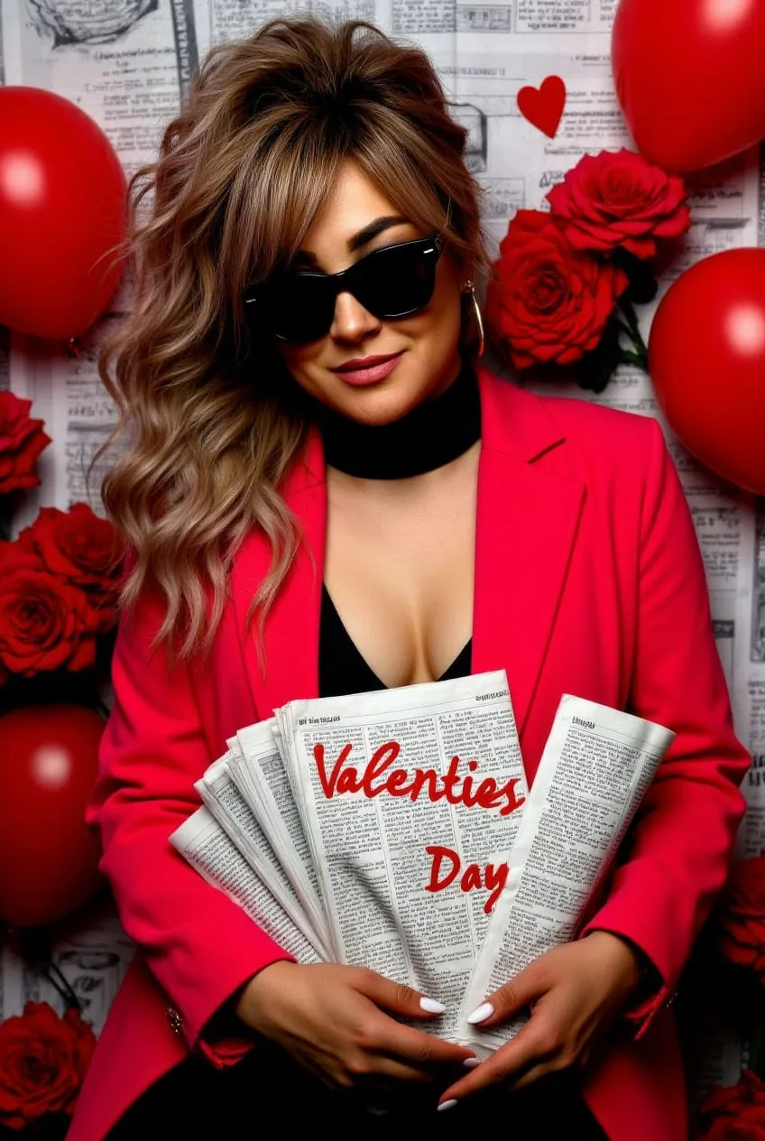 Девушка в очках и розовом пиджаке с газетами Valentine's Day