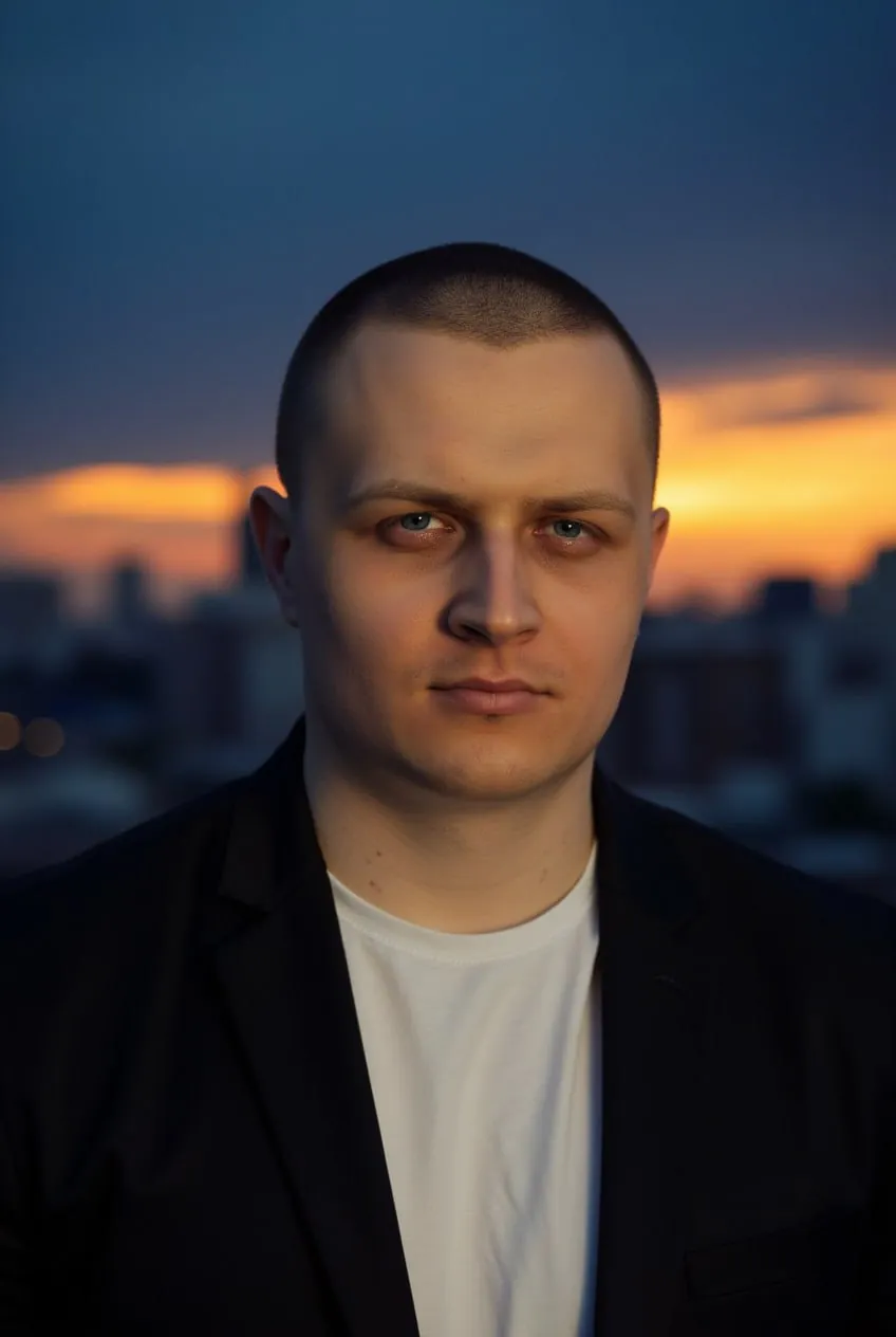 Мужчина в тёмном пиджаке на фоне города на закате