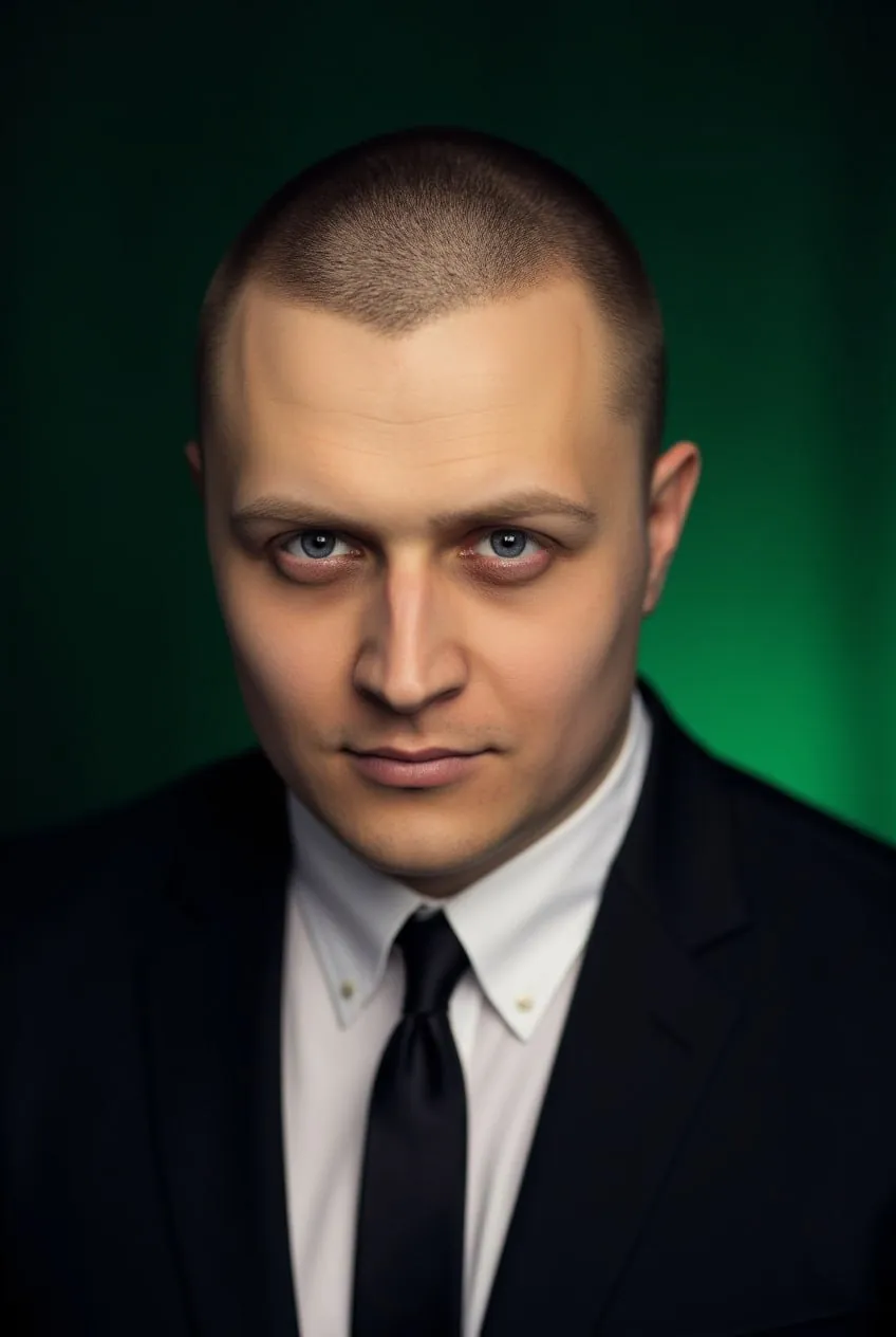 Мужчина в костюме и галстуке на зелёном фоне