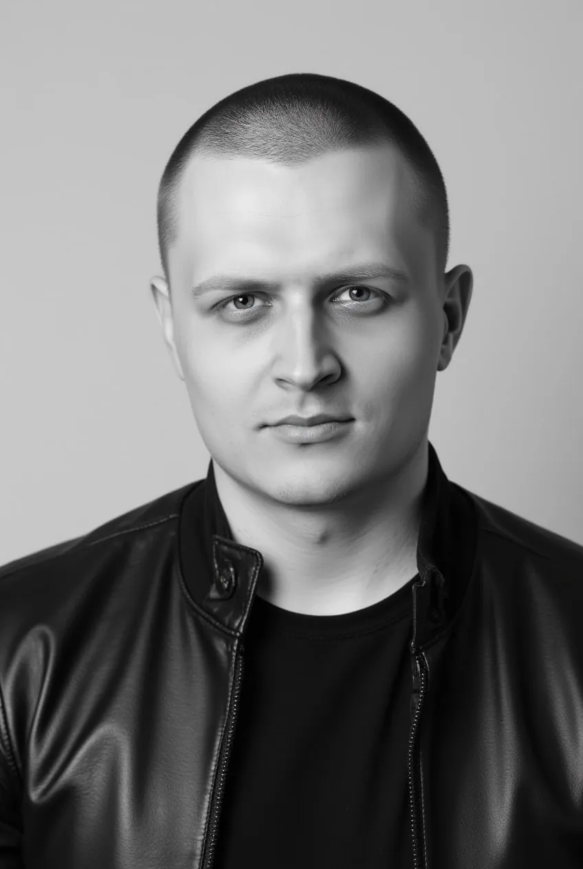 Мужчина в кожаной куртке на сером фоне