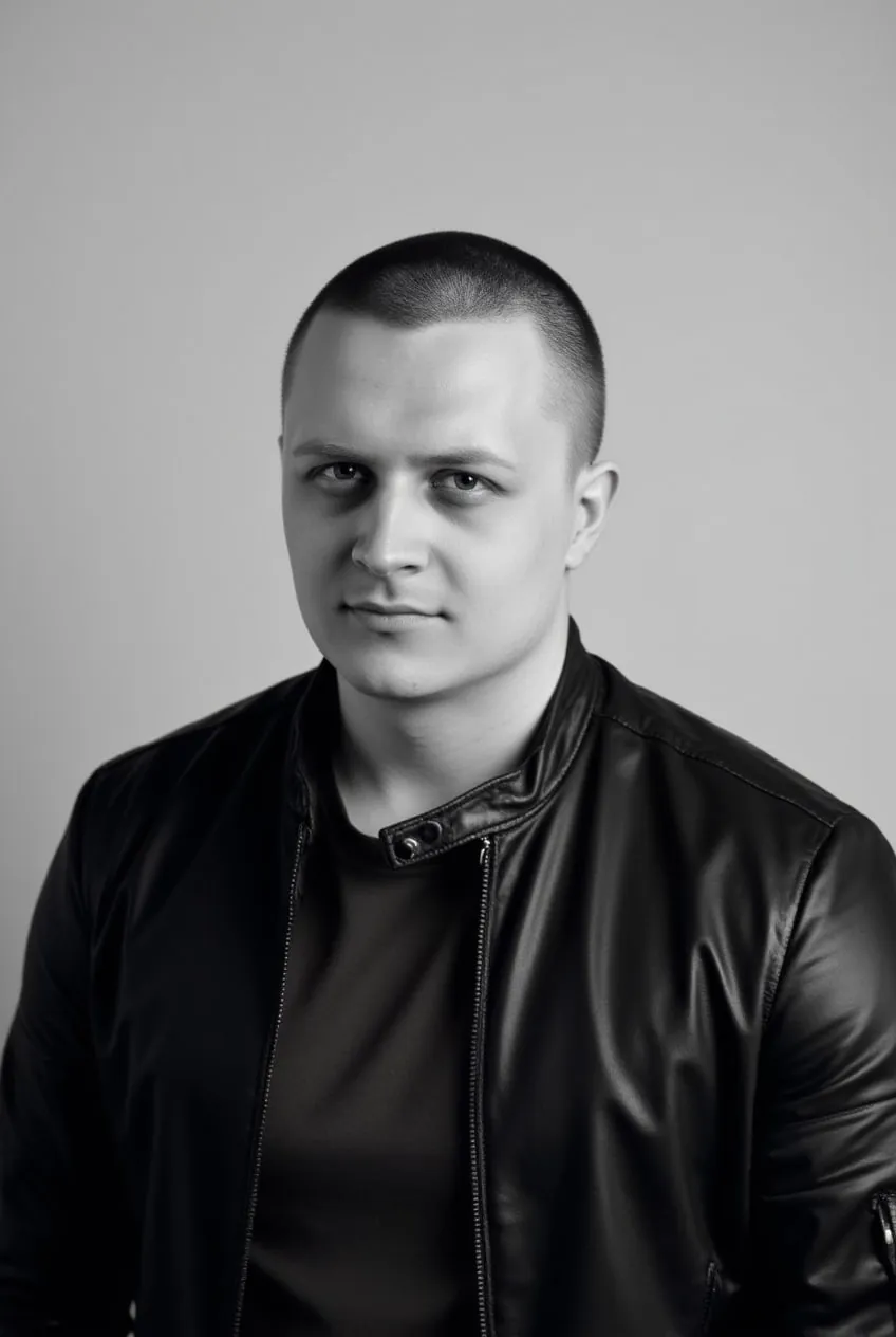 Мужчина в чёрной кожанке, студийный портрет