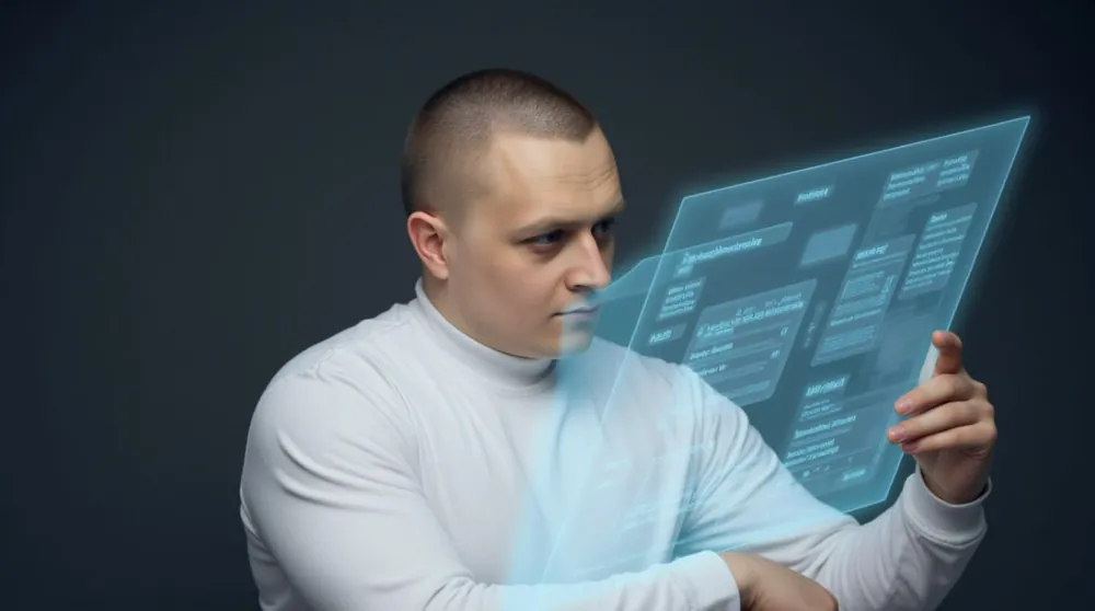Мужчина в белом работает с голографическим интерфейсом