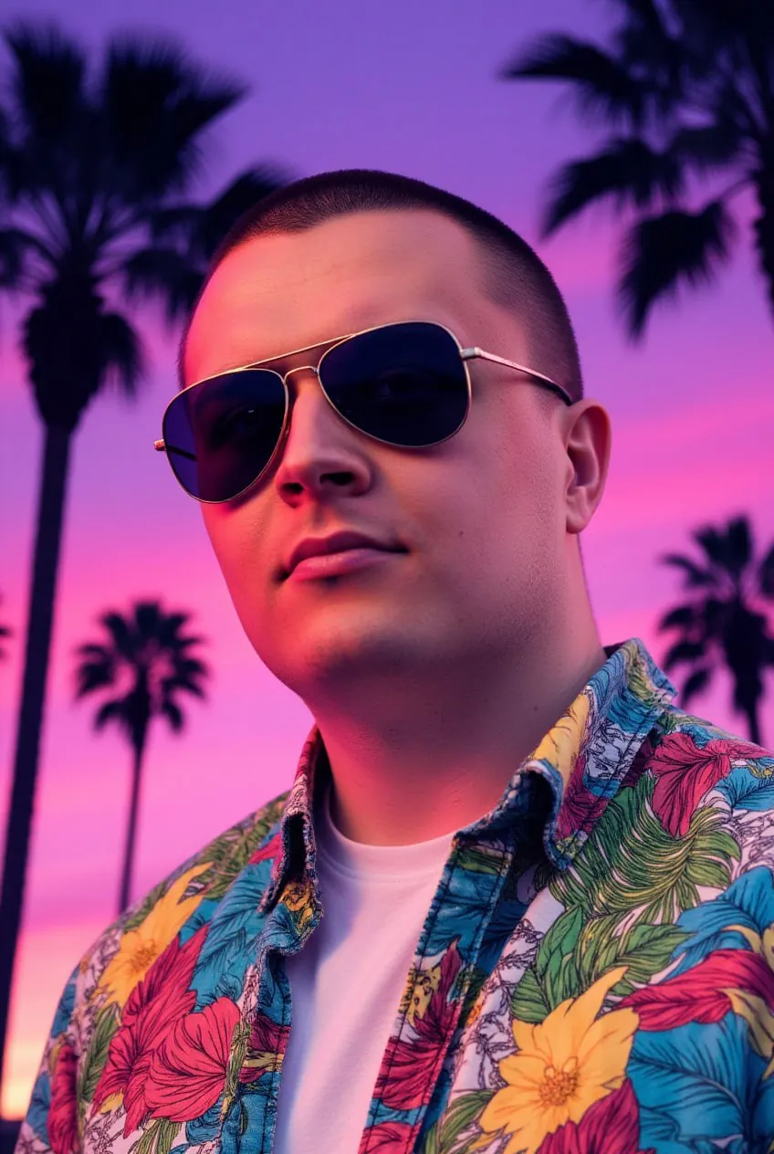 Мужчина в очках и гавайской рубашке на фоне пальм в стиле GTA