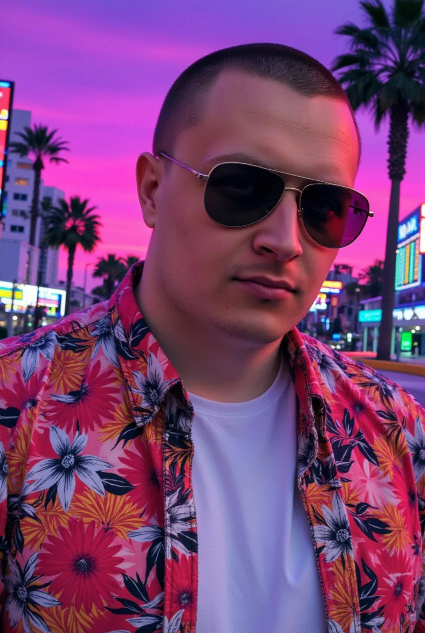 Портрет в стиле Vice City на розовом закате