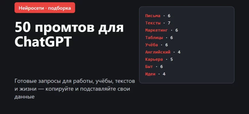 Обложка: 50 промтов для ChatGPT — работа, учёба, тексты