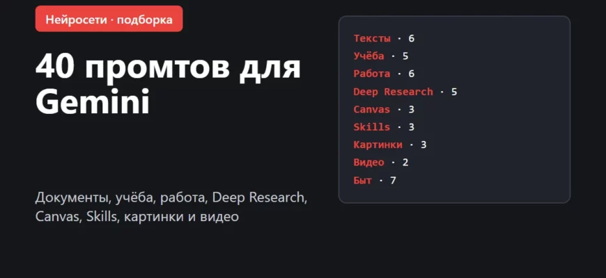 Обложка: 40 промтов для Gemini — работа, учёба, Deep Research, Canvas