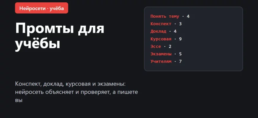 Обложка: промты для учёбы — конспект, доклад, курсовая и экзамены