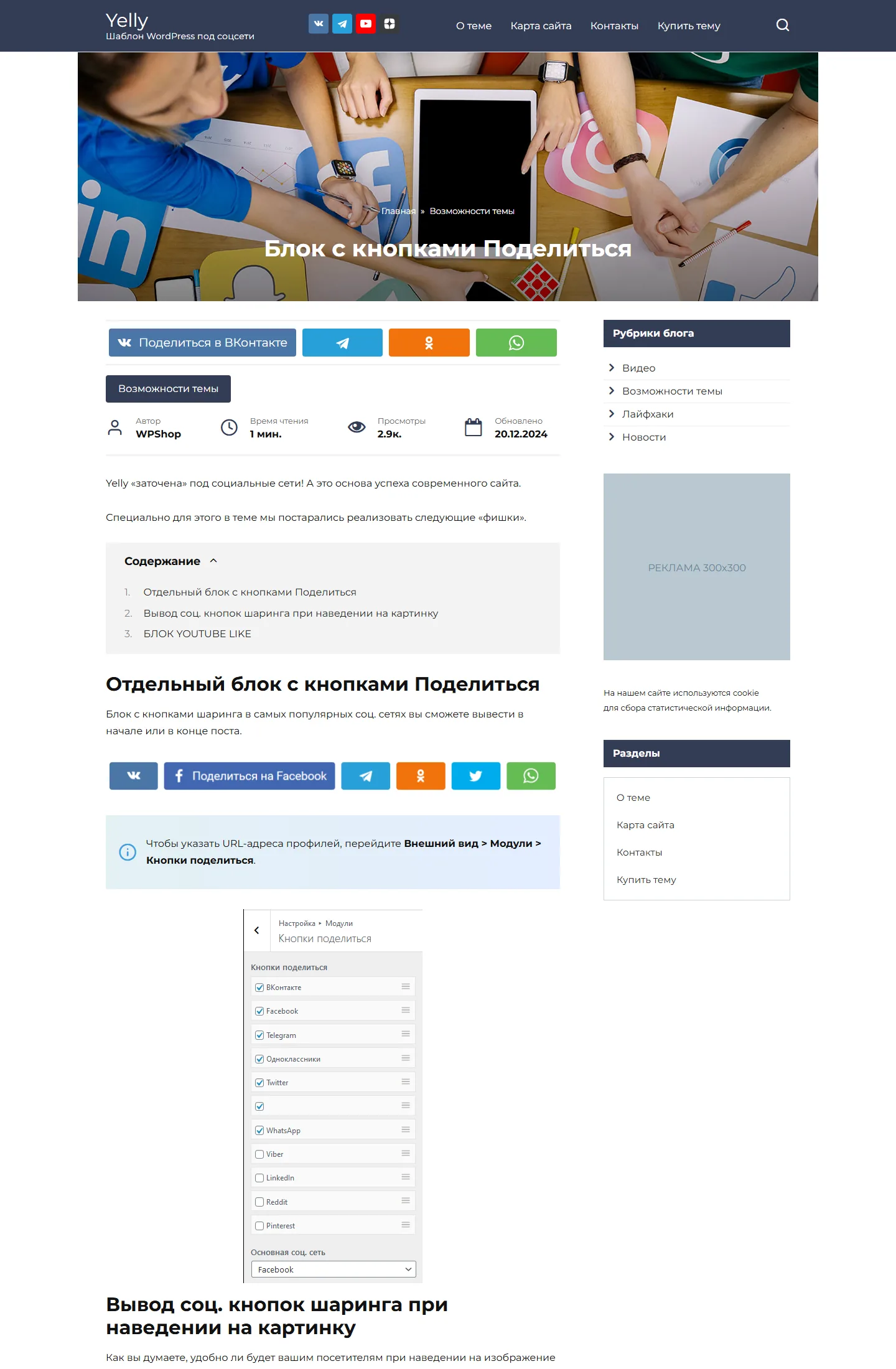 Кнопки «Поделиться» и блоки соцсетей в шаблоне Yelly
